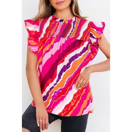 Rose Abstract Print Shirred Yoke Ruffled Blouse