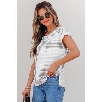White Stripe Cap Sleeve Crew Neck Casual Tee with Chest Pocket