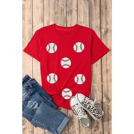 Red Glittering Rugby Pattern Crew Neck Game Day T Shirt