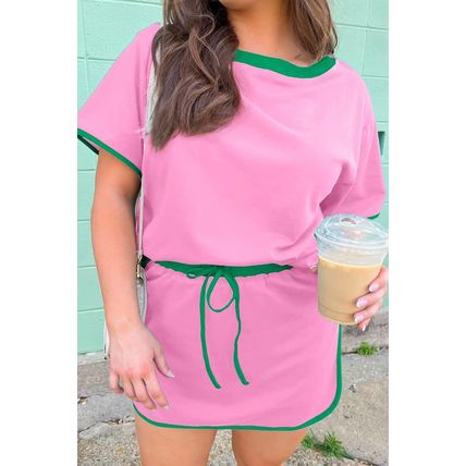 Bonbon Plus Size Contrast Trim T Shirt and Skirt Two Piece Set