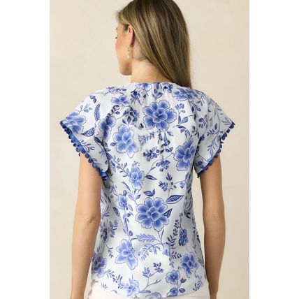 Blue Elegant Floral Print Ricrac Trim Short Sleeve Blouse