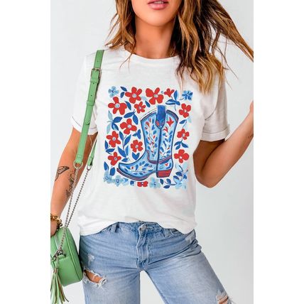 White Floral Western Boots Printed Cotton Blend T Shirt