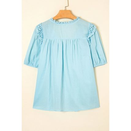 Mist Blue Embroidered Lace Patchwork Tie Neck Puff Short Sleeve Blouse