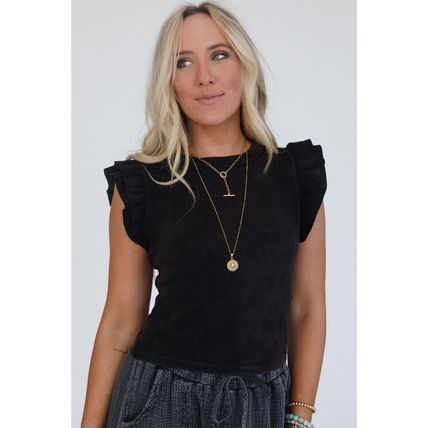 Black Ruffled Crew Neck Slim Fit Top