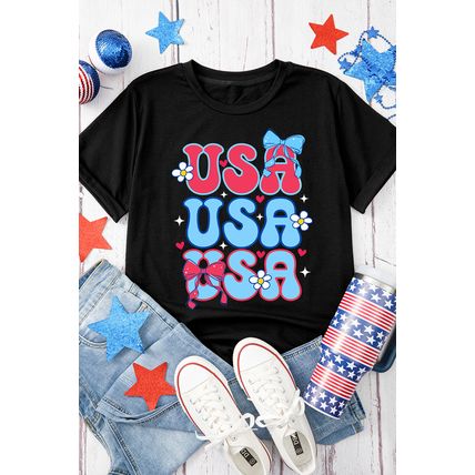 Black July 4th Cute Flower Bow USA Letter Graphic Tee