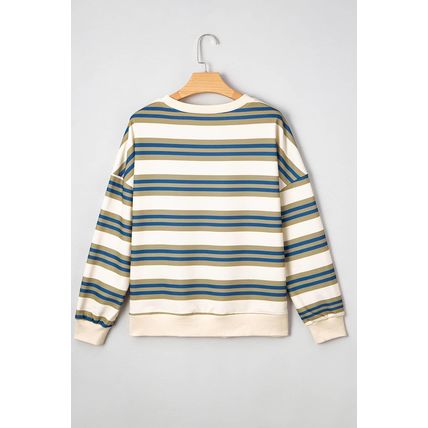 Khaki Stripe Crew Neck Drop Shoulder Pullover Sweatshirt