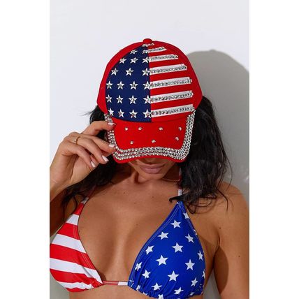 Fiery Red American Flag Rhinestone Decor Baseball Cap
