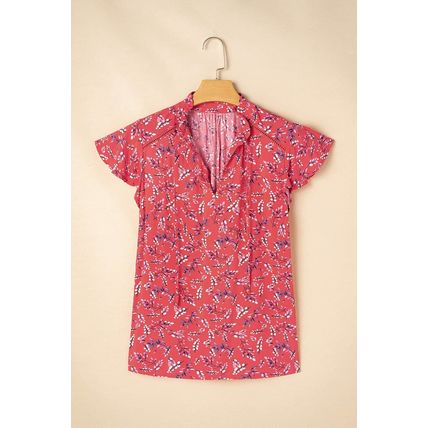 Red Floral Tie Split Neck Short Flounce Sleeve Crinkled Blouse
