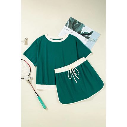 Evergreen Plus Size Contrast Trim T Shirt and Skirt Two Piece Set