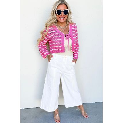 Pink Stripe Crochet Scalloped Trim Lace-up Front Cropped Cardigan
