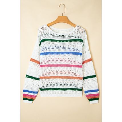 White Color Block Striped Pointelle Knit Sweater