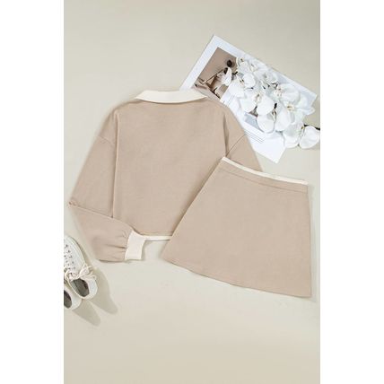 Parchment Raw Edge Detail Colorblock Patchwork Cropped Pullover Drawstring Skirt