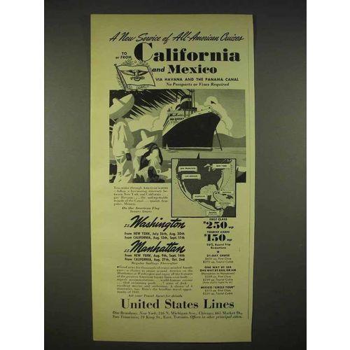 1940 United States Lines Cruise Ad - California, Mexico