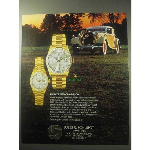 1985 Rolex Watch Ad - 1928 Hispano Suiza Car