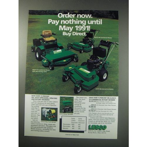 1991 Lesco 52, 48 and 36 Commercial Rotary Mowers Ad - Order now. Pay nothing