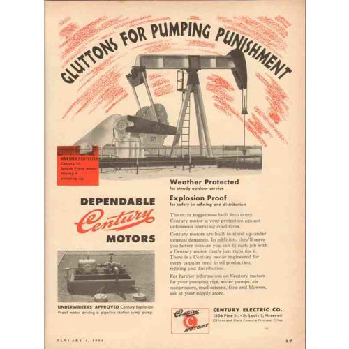 CENTURY ELECTRIC COMPANY 1954 gluttons pumping punishment vintage ad