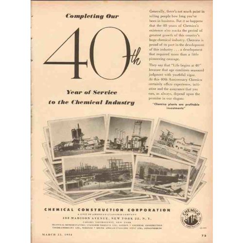 CHEMICAL CONSTRUCTION CORP 1954 40 year service industry vintage ad