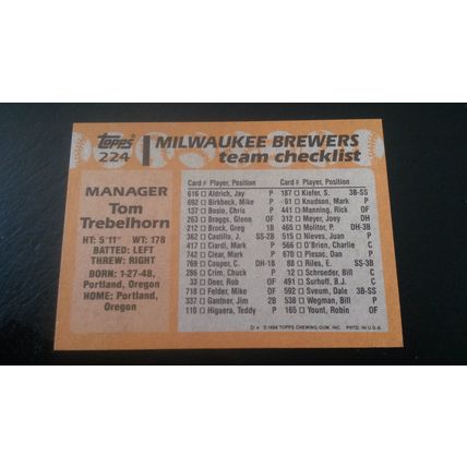 1988 Topps Card # 224 Tom Trebelhorn Excellent (5) Milwaukee Brewers