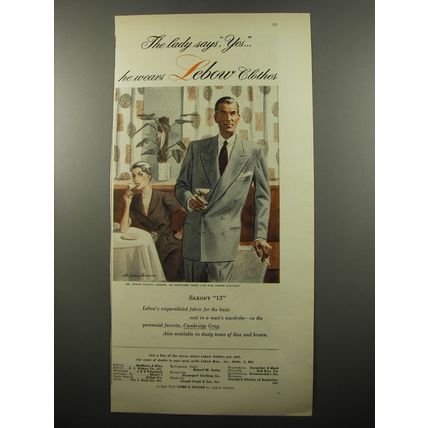 1950 Lebow Clothes Saxony 13 Suit Ad - The lady says, yes.. he wears Lebow