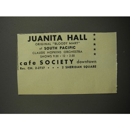 1952 Caf Society Downtown Ad - Juanita Hall Bloody Mary of South Pacific