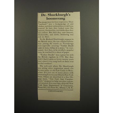 1953 New York State Tourism Ad - Dr. Shuckburgh's boomerang