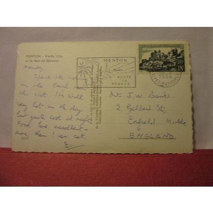 MENTON, FRANCE used vintage postcard RP 1956 pm =