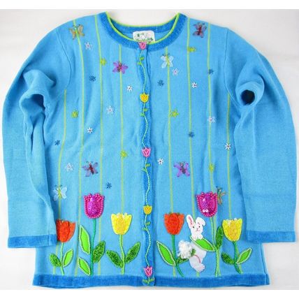 NEW The Quacker Factory Embellished Spring Easter Aqua Cardigan Sweater, M