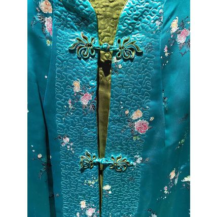 Wms Embroidered Aqua Floral Oriental Kimono Robe Gown Sm/Med Heavy Quality Flaw