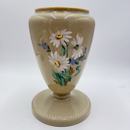 Antique Victorian Bristol Art Glass Hand Painted Daisies Footed Large Vase 11”