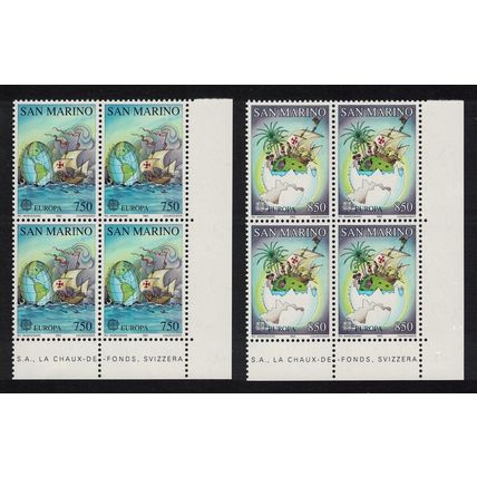 San Marino Columbus Discovery of America 2v Corner Blocks of 4 1992 MNH