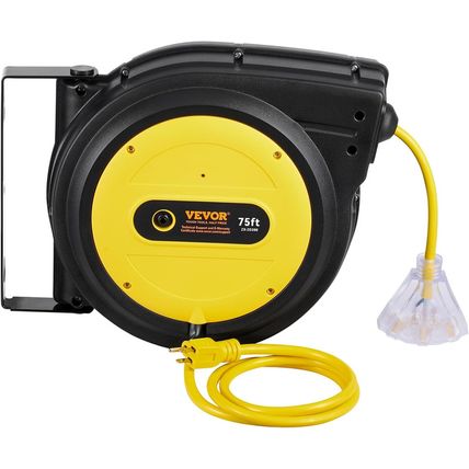 VEVOR 75FT Retractable Extension Cord Reel, 14AWG/3C SJTOW Heavy Duty Power Cord