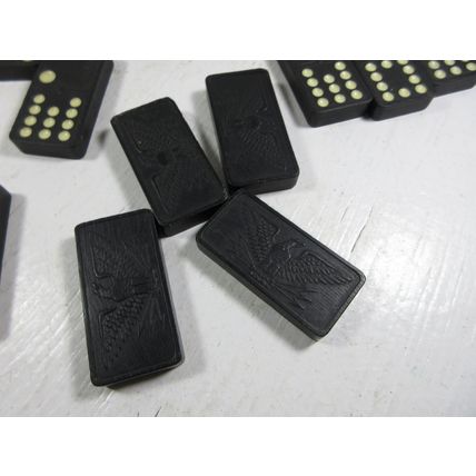 SET of 92 Vintage Magna Dominoes Black Wooden Eagle Arrows Dominoes Embossing Co