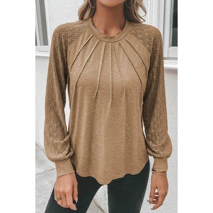 Light French Beige Contrast Lace Raglan Sleeve Plicate Round Neck Top
