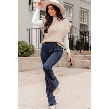 Parchment Cable Knit Mock Neck Cap Sleeve Sweater