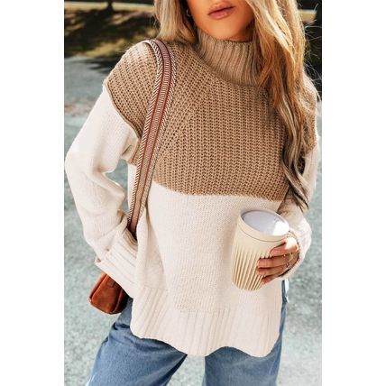 Parchment Cable Knit Color Block Side Splits High Neck Sweater
