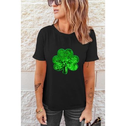 Black Sequin Clover Embroidered Round Neck Graphic Tee