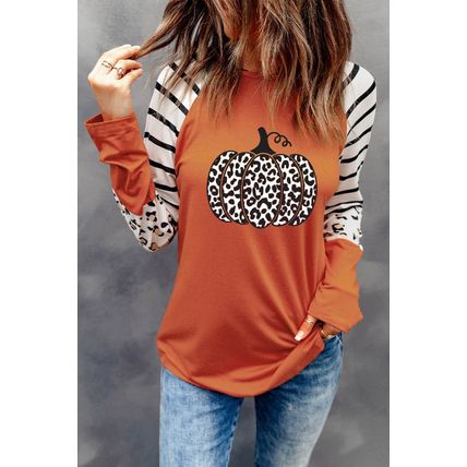 Orange Leopard Pumpkin Graphic Contrast Long Sleeve Top