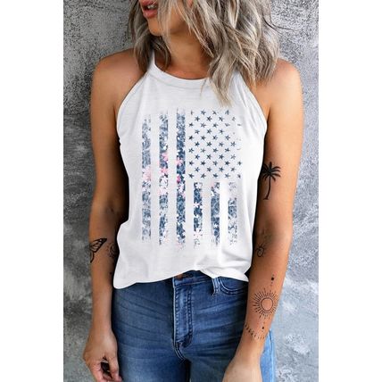 White Floral Detail American Flag Print Graphic Tank Top