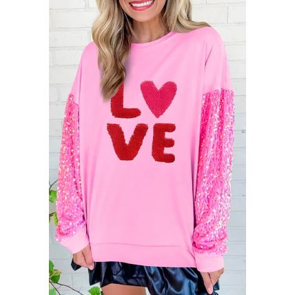 Pink Valentines LOVE Chenille Embroidered Sequin Sleeve Sweatshirt