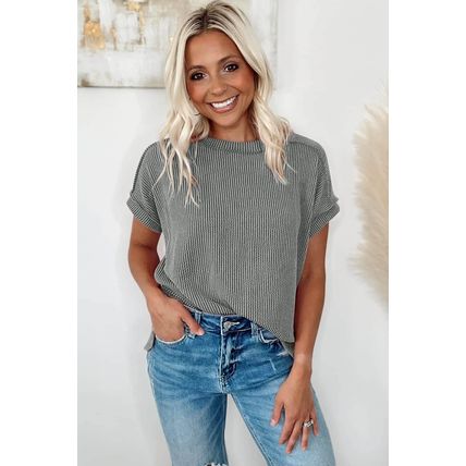 Medium Grey Textured Knit Exposed Stitching T-shirt