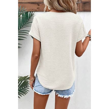 Pale Khaki Textured Wide Sleeve V Neck T Shirt