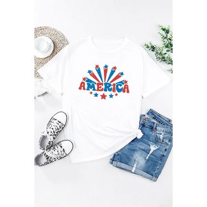 White AMERICA Star Graphic Round Neck Tee