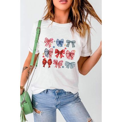 White Stripe and Star Bowknot Graphic Tee