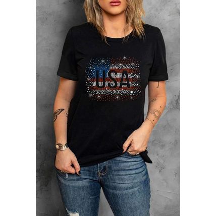 Black Rhinestone America Flag USA Graphic T Shirt