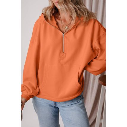 Orange Fleece Lined Half Zipper Kangaroo Pockets Loose Hoodie