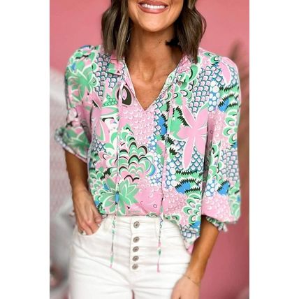 Green Floral Print V Neck Tied Loose Blouse