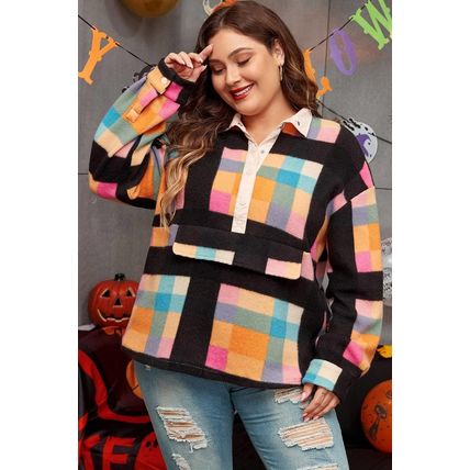 Black Plus Size Checkered Print Sherpa Henley Sweatshirt