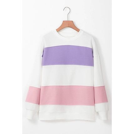 Beige Colorblock Patchwork Drop Shoulder Crewneck Sweatshirt