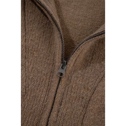 Brown Western Printed Ribbed Trim Collared Zip up Cardigan