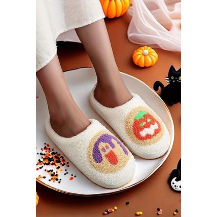 White Halloween Pumpkin Plush Winter Home Slippers
